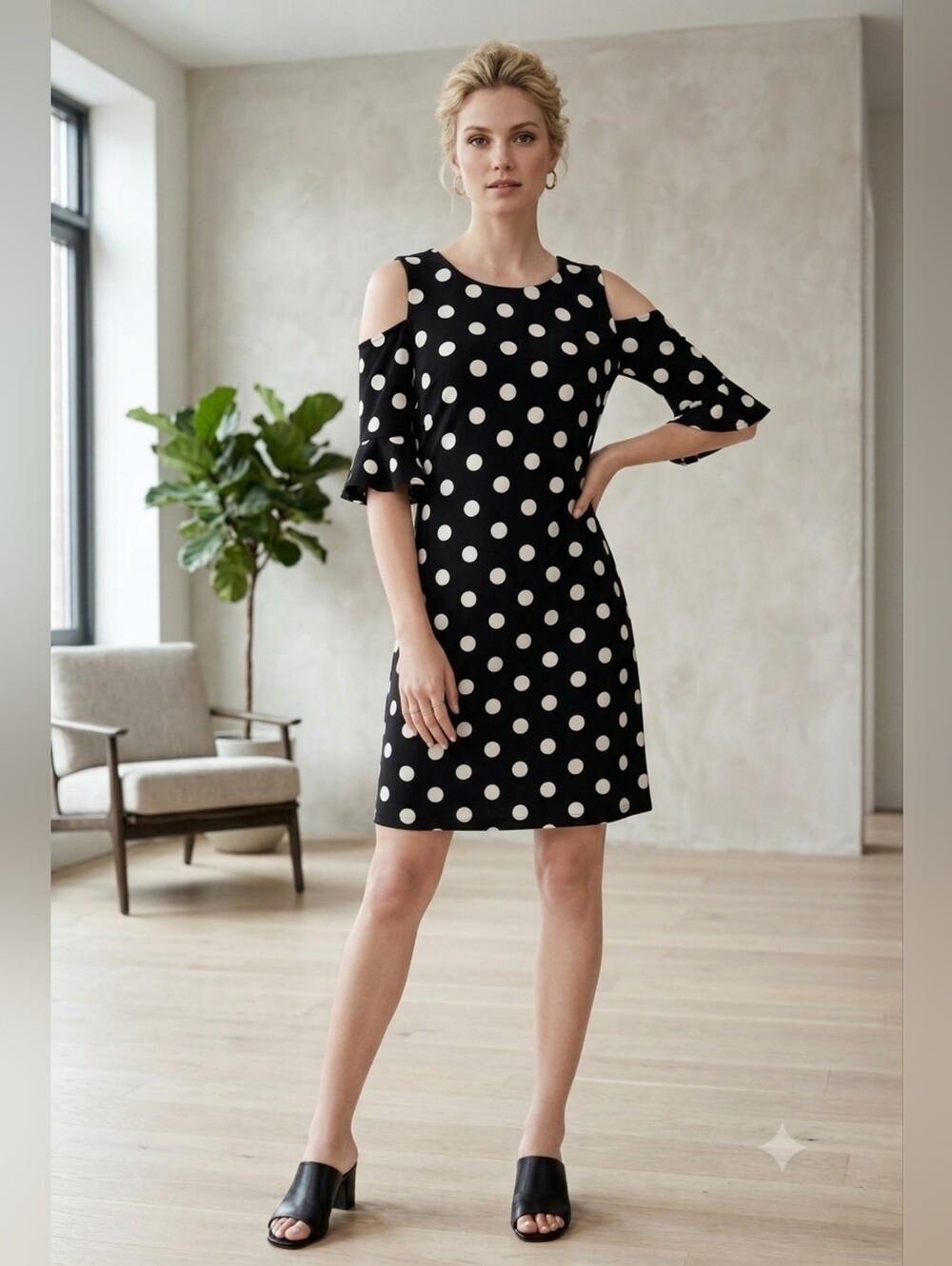 Tommy Hilfiger Classic Black and White Polka Dot Cold-Shoulder Mini Dress